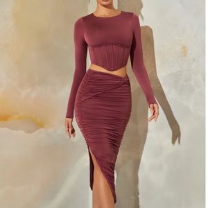 Rouched maxi skirt & long sleeve corset crop top
